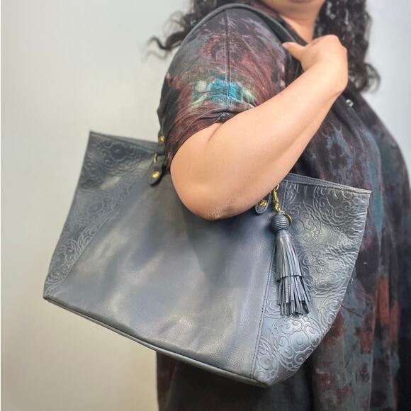 The Sak Collective Sienna Leather Shopper Blue Tooled Tote Bag - Picture 2 of 10